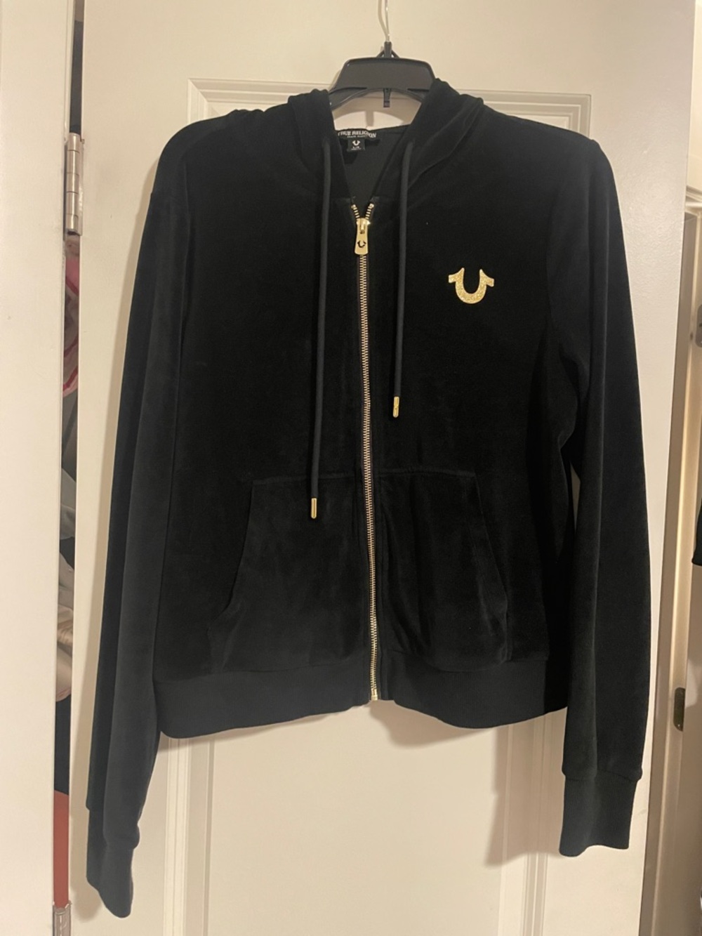 True Religion Black Velour Zip-Up Hoodie with Gold Logo